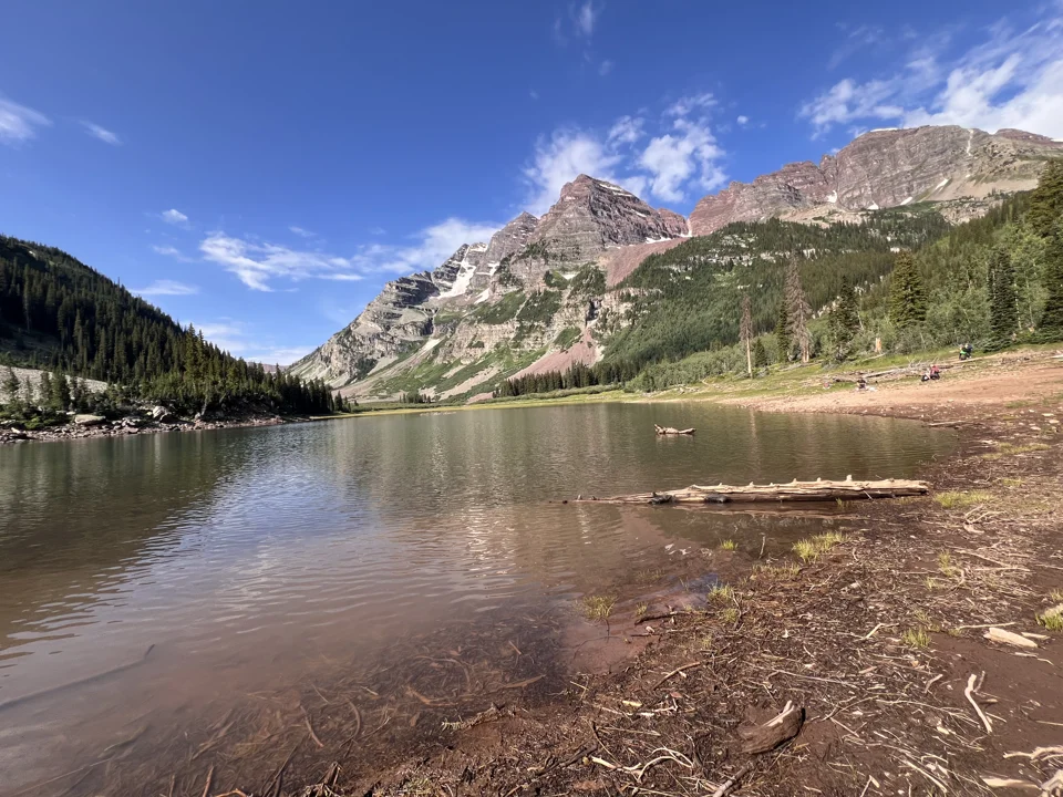 Maroon Bells mountain scenery in July
