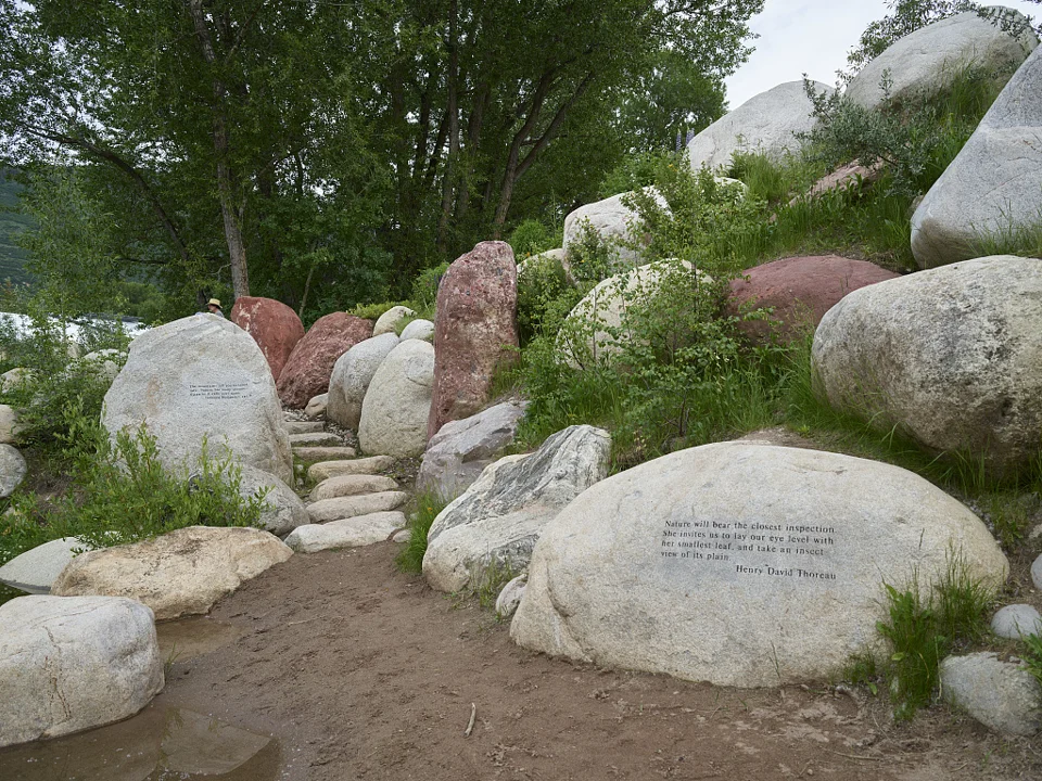 Garden paths and inscribed boulders at John Denver Sanctuary