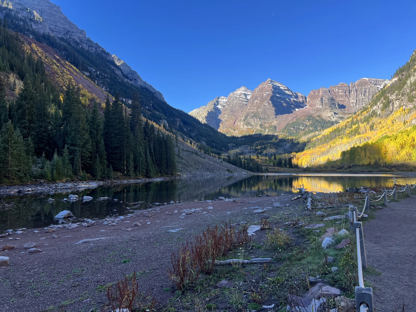 Maroon Lake in October with golden aspens