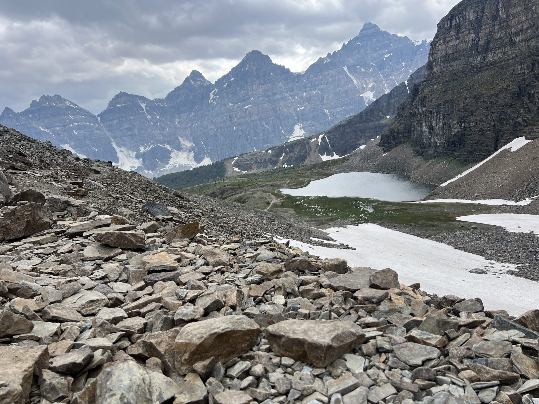 Rocky final approach toward Sentinel Pass above Minnestimma Lakes
