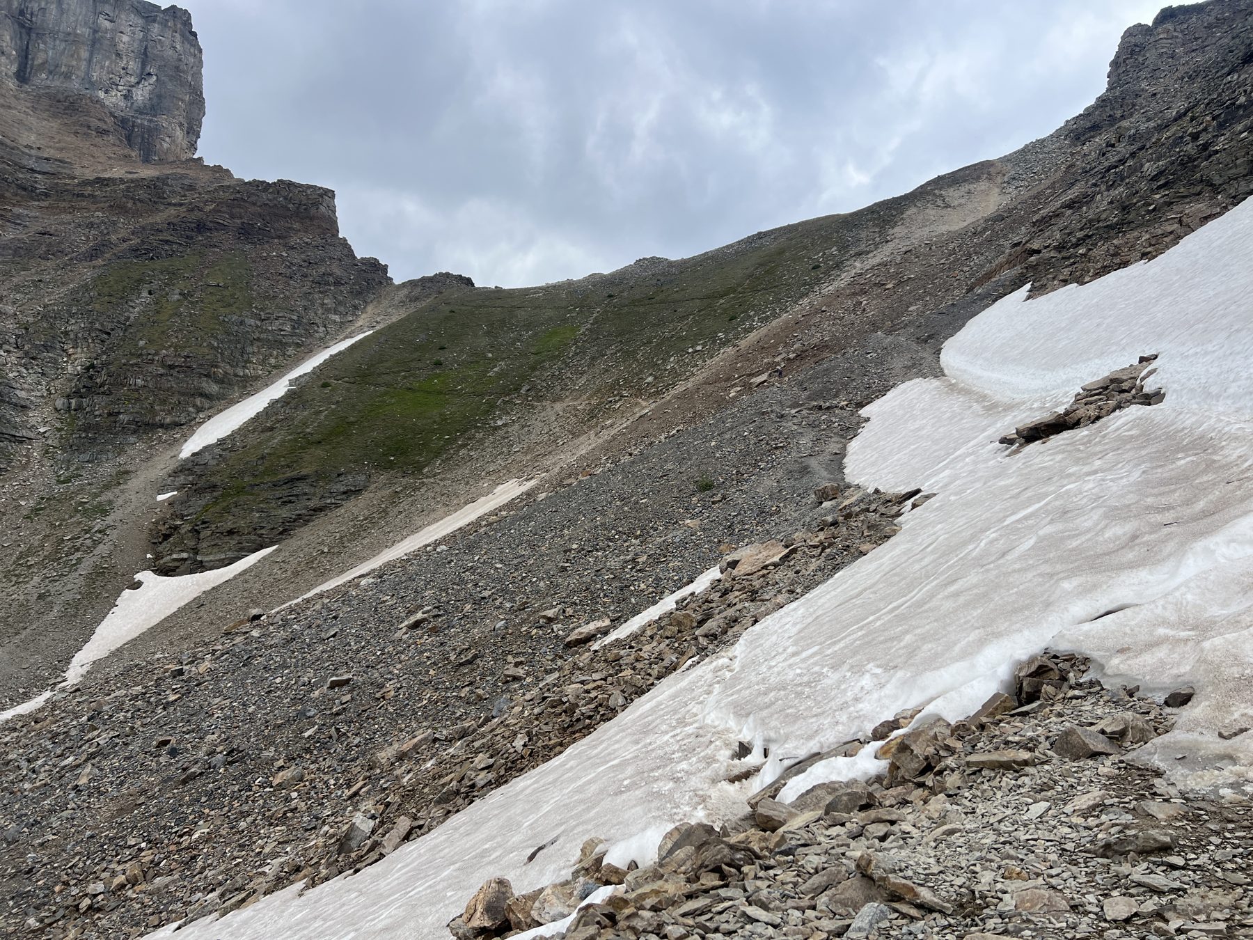 Lingering snow and ice crossing the upper Sentinel Pass trail in early August