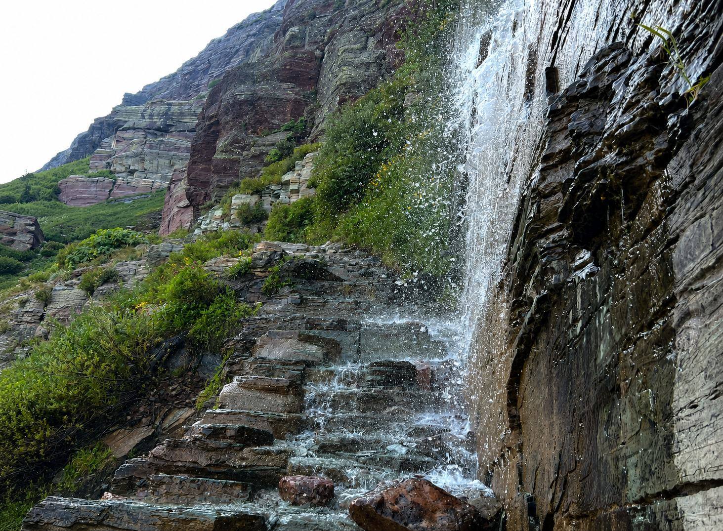 Waterfall crossing on the Grinnell Glacier trail