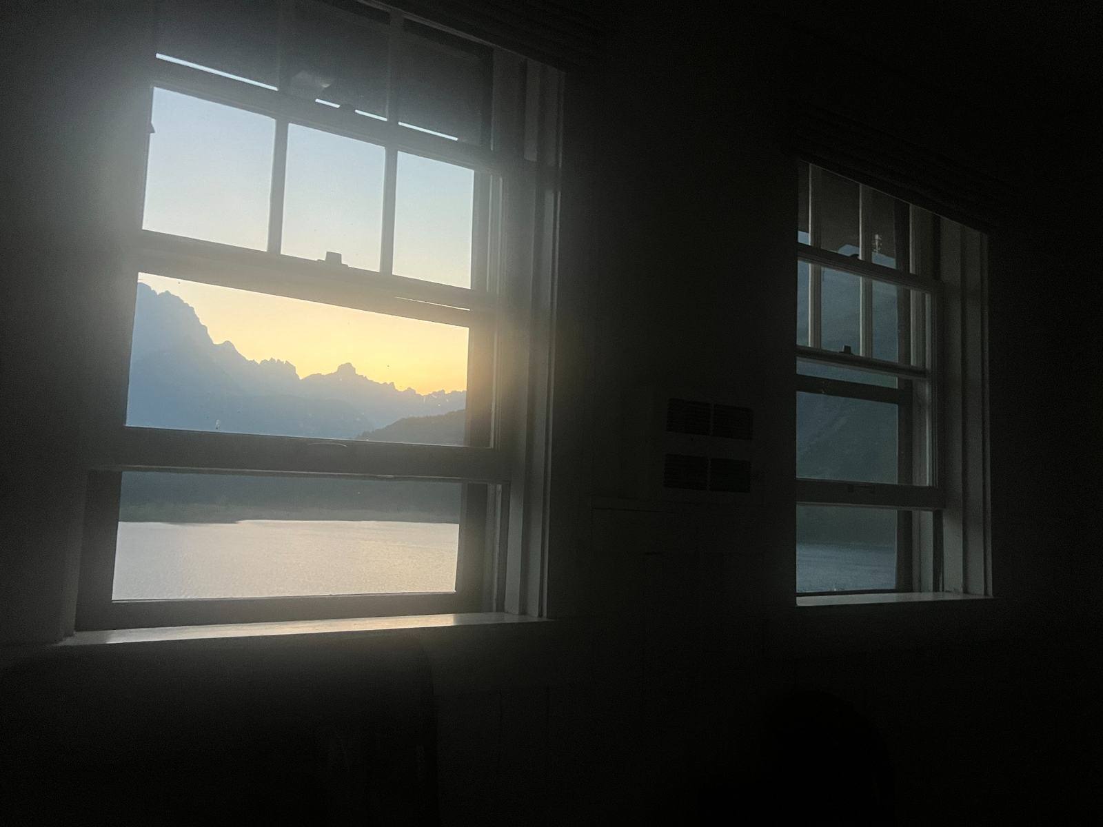 Mountain and lake view from a Many Glacier Hotel room