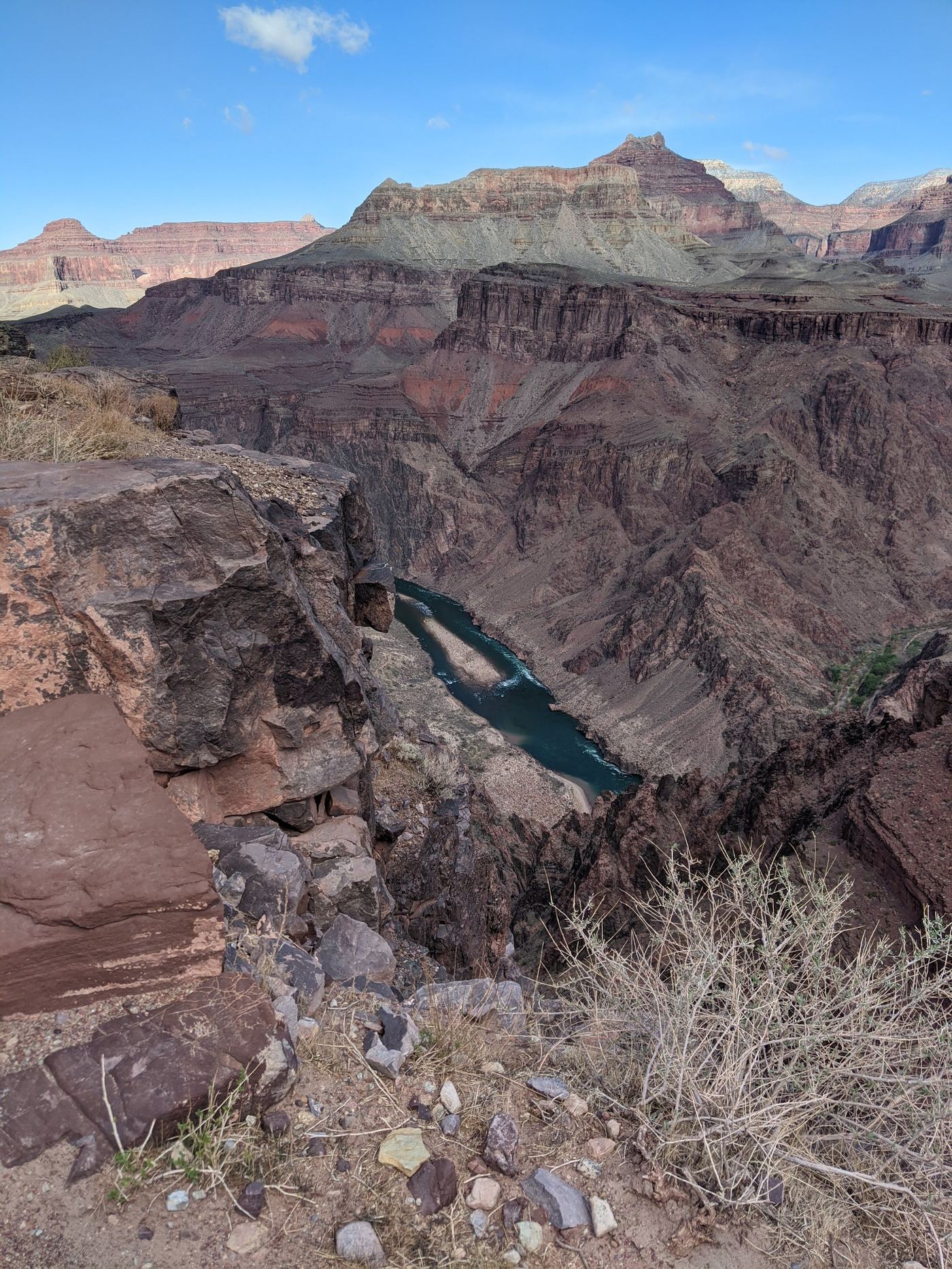 Colorado River visible far below from inside the Grand Canyon