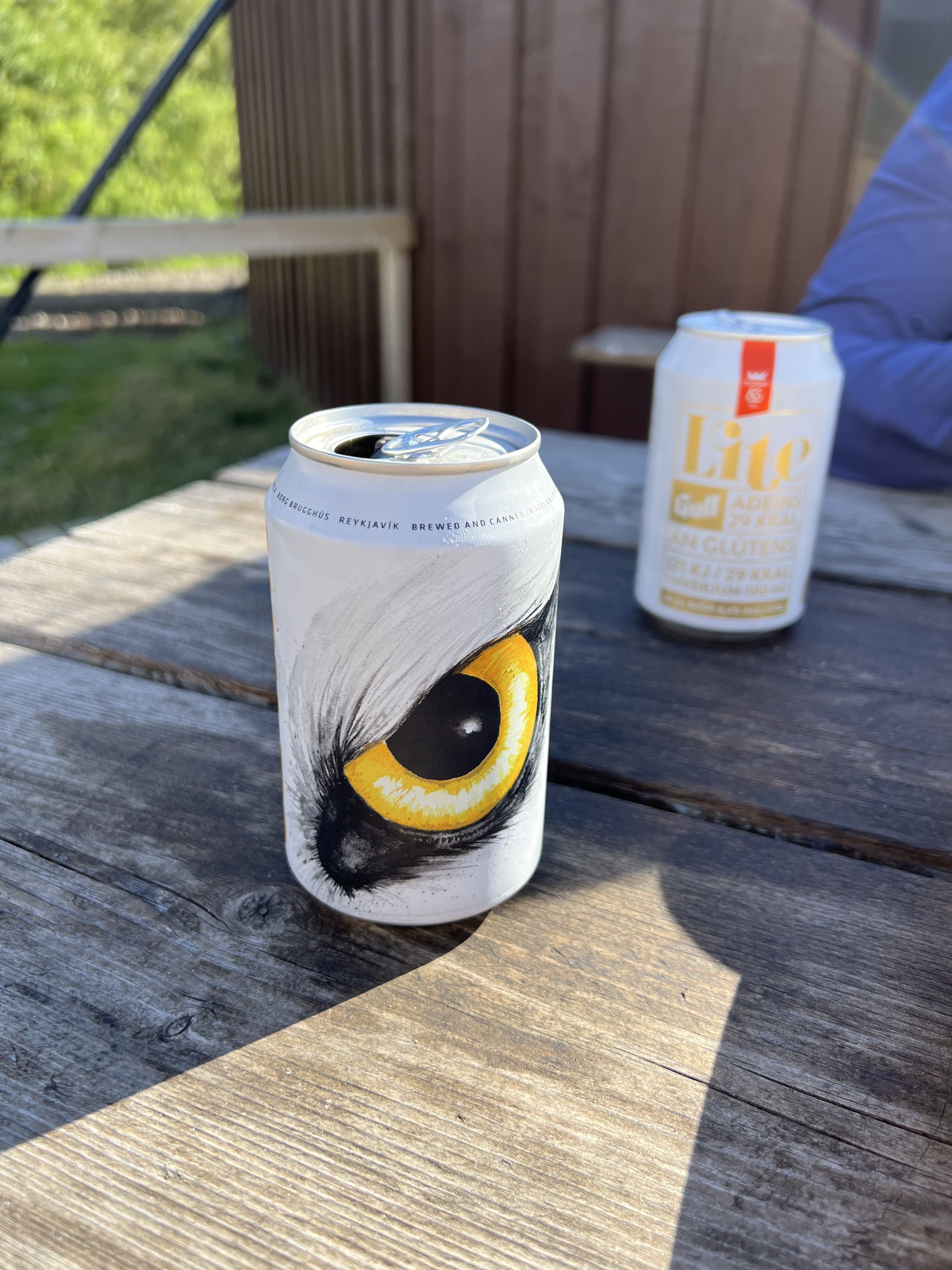 Post-hike beer after finishing the Fimmvörðuháls crossing
