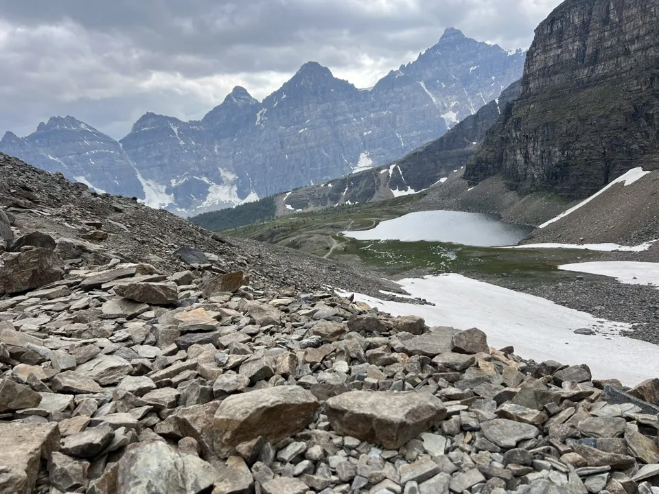 Rocky final approach toward Sentinel Pass above Minnestimma Lakes