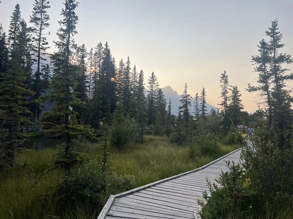 Policeman's Creek boardwalk in Canmore at sunset