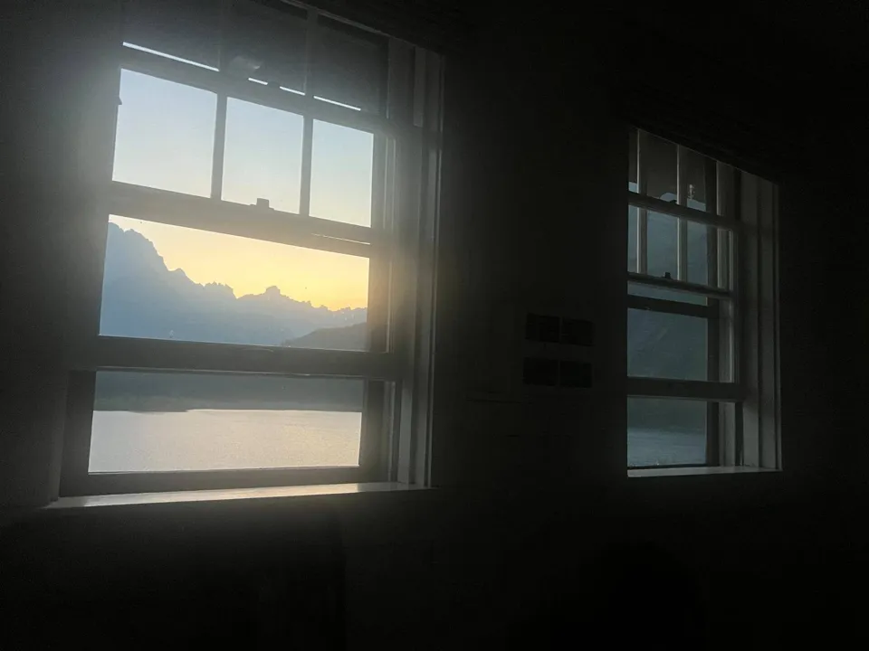Mountain and lake view from a Many Glacier Hotel room