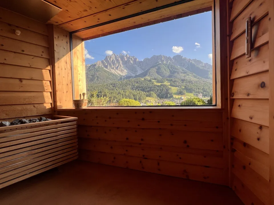 Sauna at Naturhotel Leitlhof with a panoramic Dolomites mountain view