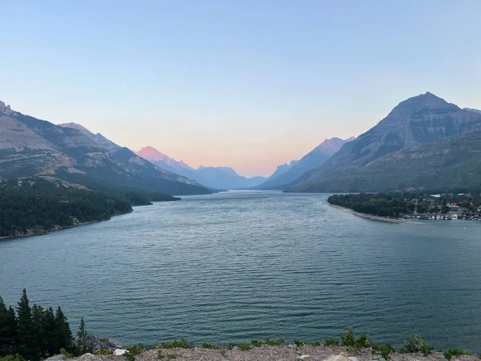 Upper Waterton Lake and mountains at sunset