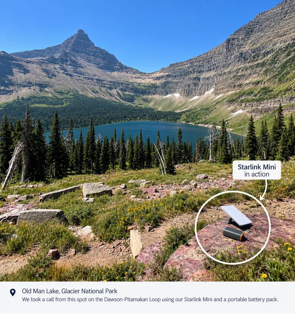 Old Man Lake on the Dawson-Pitamakan Loop with our Starlink Mini and portable battery pack circled in the foreground