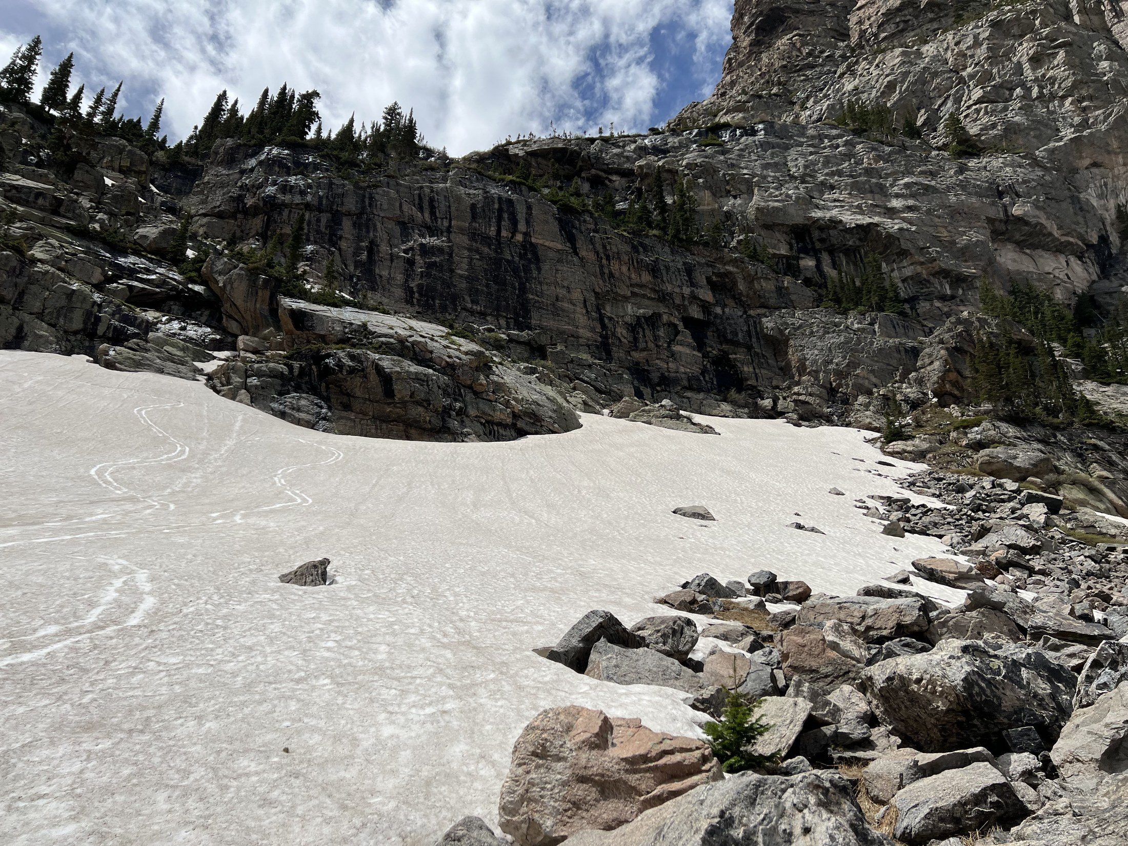 Snow on Sky Pond route