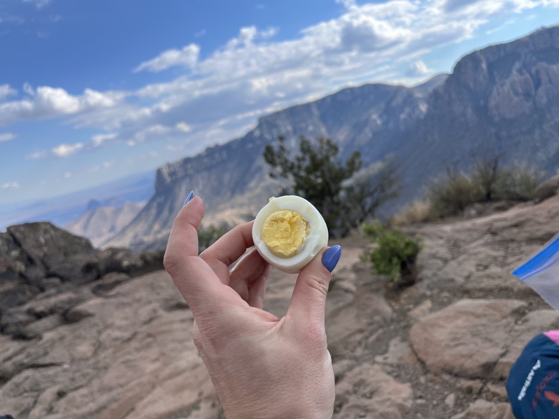 Hard-boiled egg packed as filling food on a long hike