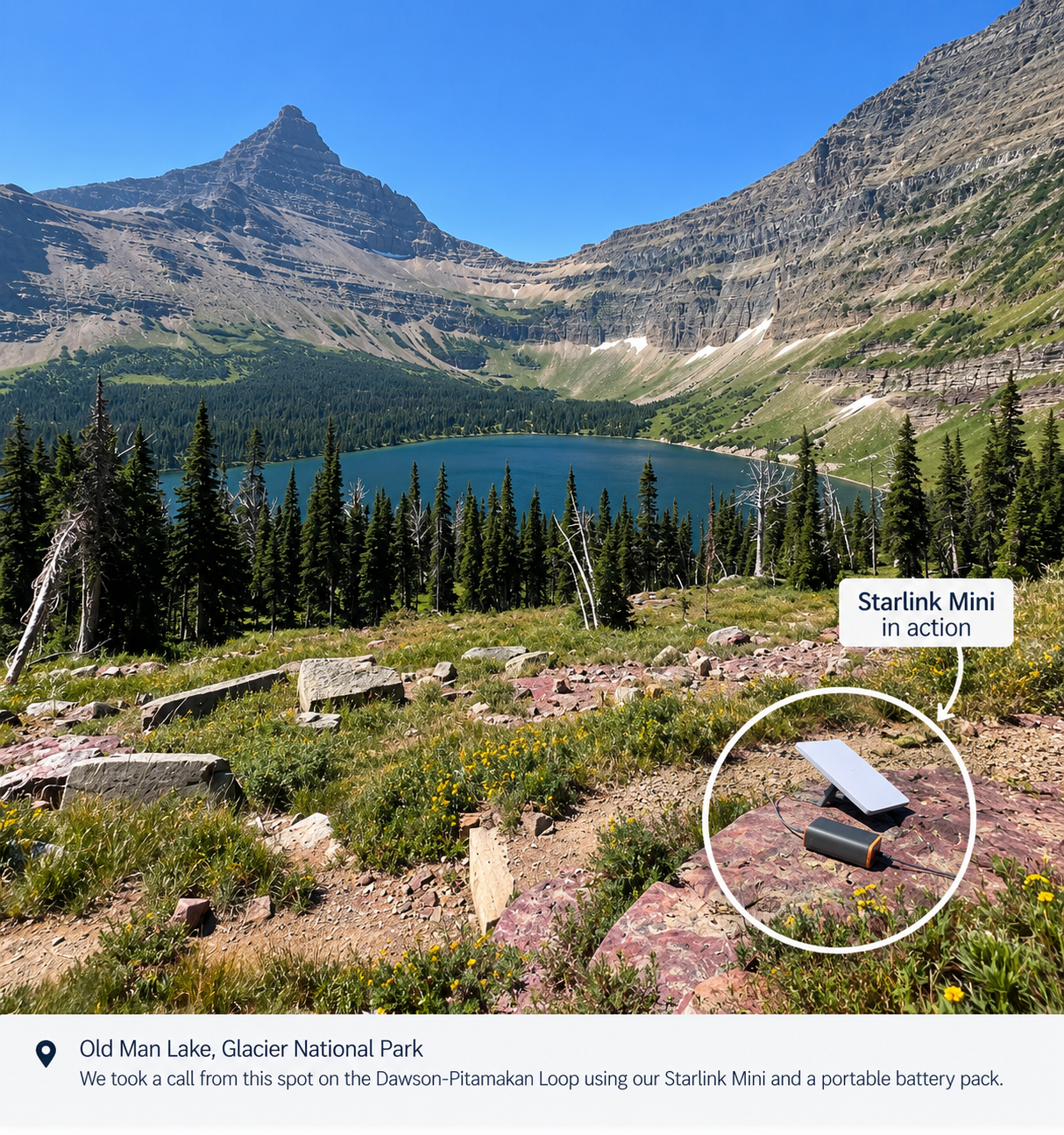 Starlink Mini and portable battery pack at Old Man Lake on the Dawson-Pitamakan Loop
