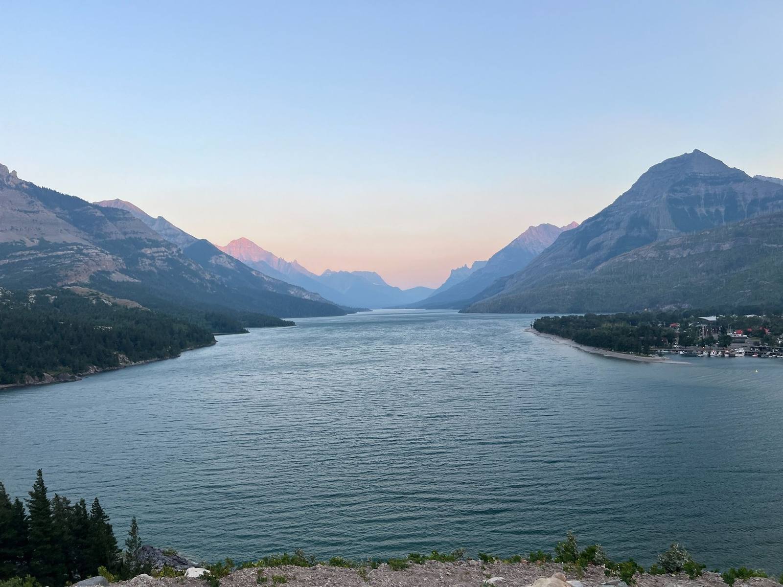 Upper Waterton Lake and mountains at sunset